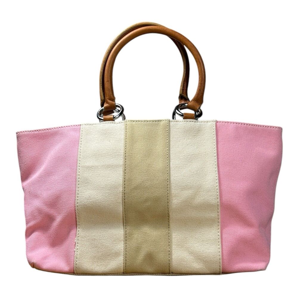Banana Republic Pink Cream Canvas Tote Bag Leather Handles EUC